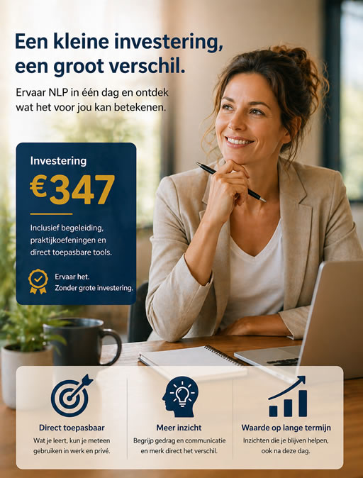 Wat is de investering voor deze NLP Practitioner dagcursus?